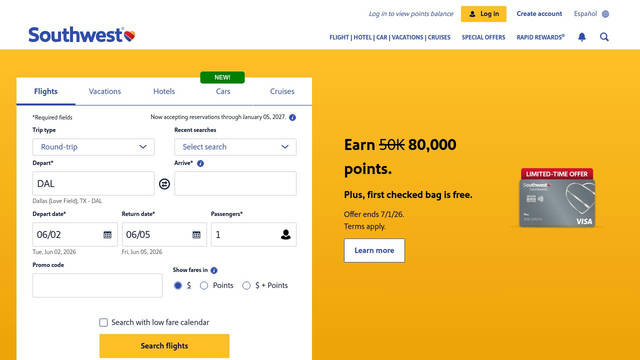 Screenshot: southwest.com - uses Southwest Sans
