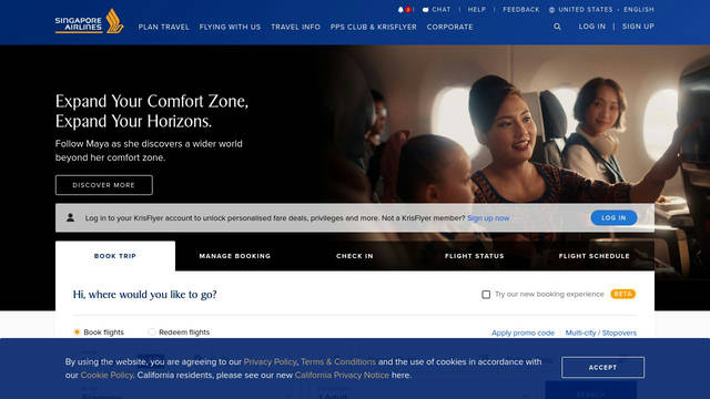 Screenshot: singaporeair.com - uses sia