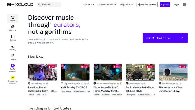 Screenshot: mixcloud.com - uses DM Sans Variable