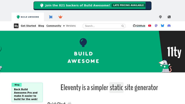 Screenshot: eleventy.dev - uses BenchNine