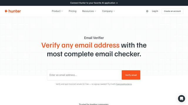 Screenshot: hunter.io - uses Familjen Grotesk
