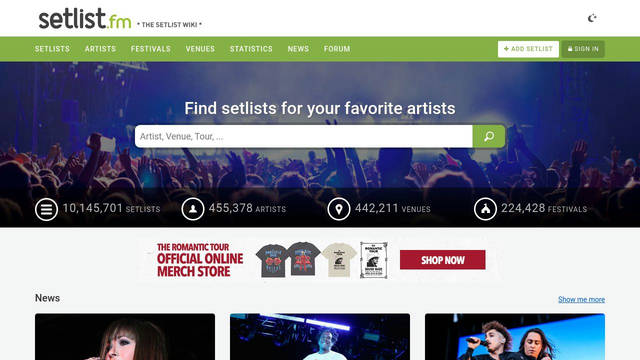 Screenshot: setlist.fm - uses Georama