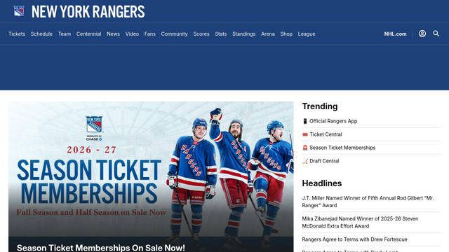 Screenshot: rangers.nhl.com - uses material Screenshot: rangers.nhl.com - uses material
