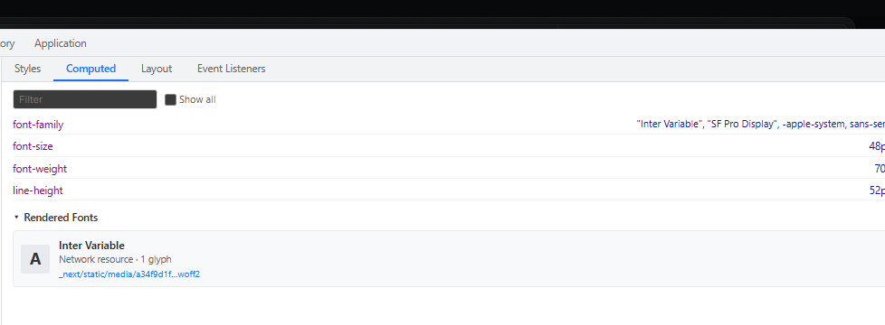 Chrome DevTools Berekend-tabblad met Gerenderde lettertypen: Inter Variable uit een woff2-bestand