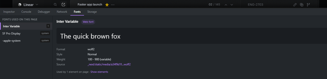 Firefox DevTools Lettertypen-tabblad - Inter Variable geselecteerd met specimen en details